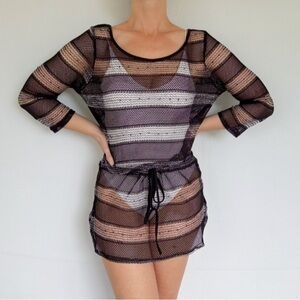 Club Z Collection black fishnet mesh stripe drawstring waist swim coverup large